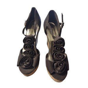 Vintage Y2K Steve Madden Cork Wedge Heals Buckle Shoes Sandles Brown Fabric sz 7